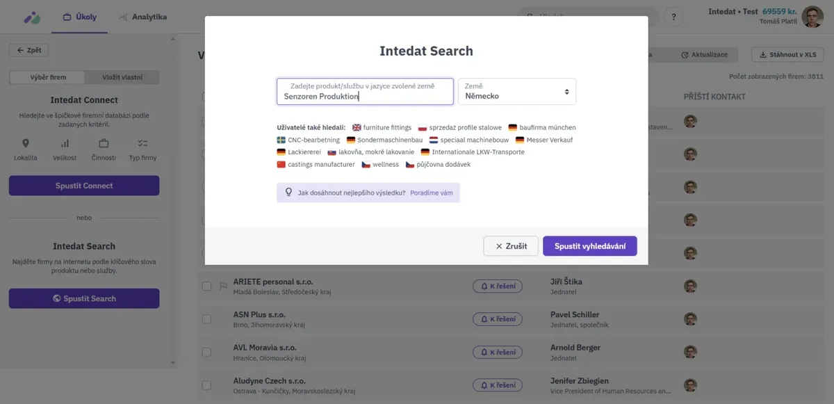 Vyhľadávač firiem Intedat Search – zadanie kľúčového slova a krajiny