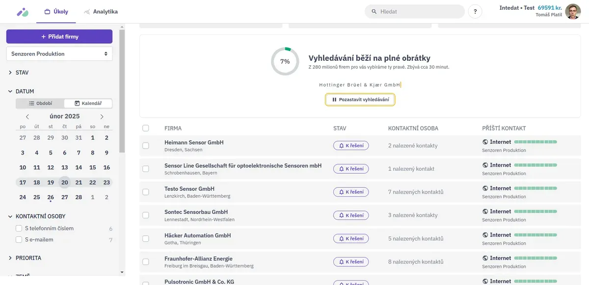 Vyhľadávač firiem Intedat Search – priebeh vyhľadávania