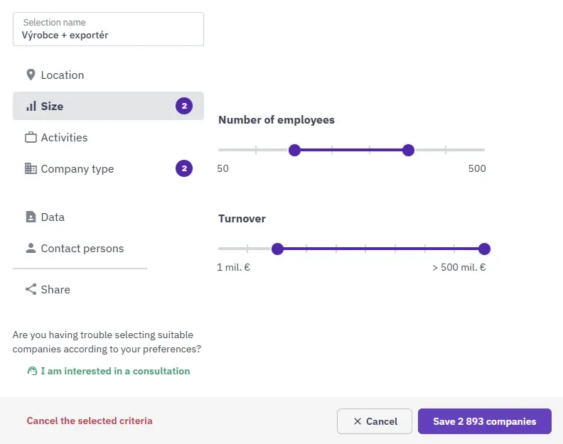 Filtr Wielkość firmy w aplikacji Intedat Connect z liczbą pracowników i minimalnym obrotem
