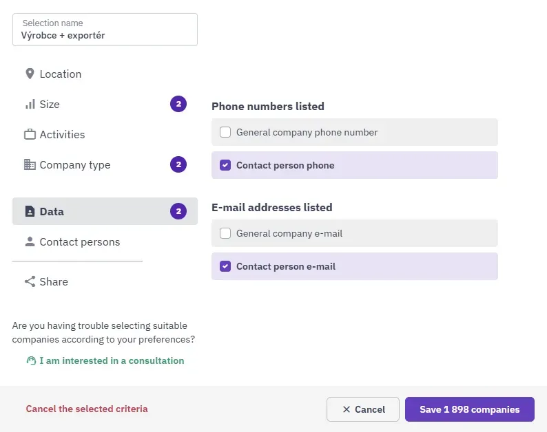 Sekcja Dane w aplikacji Intedat Connect z wyborem firm z bezpośrednim kontaktem do osób odpowiedzialnych