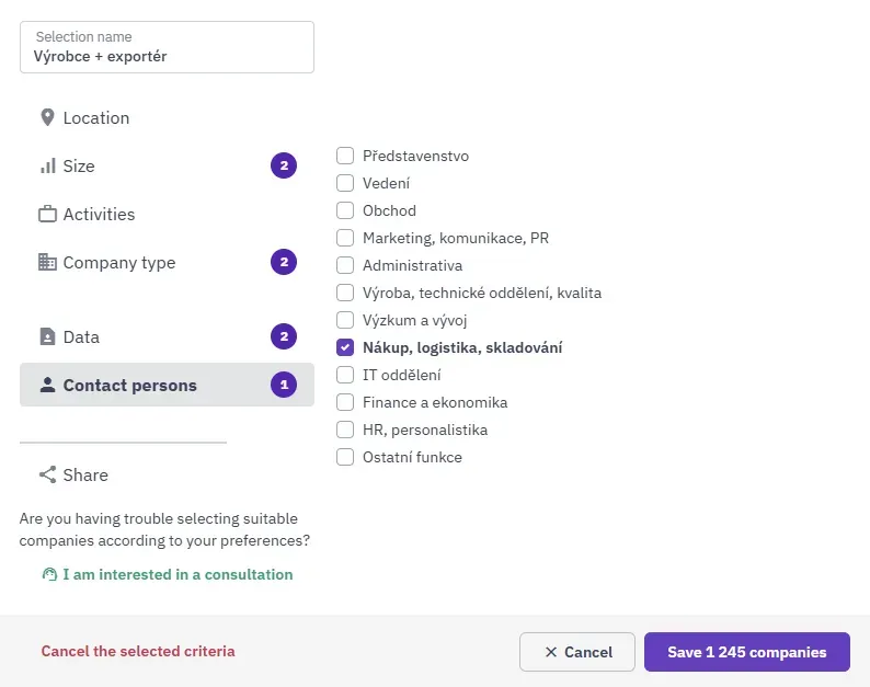 Filtr Osoby kontaktowe w aplikacji Intedat Connect z opcją Zakupy, logistyka, magazynowanie