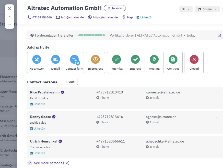 Company detail for a German company in the Intedat application, with phone, e-mail, website and sales contacts