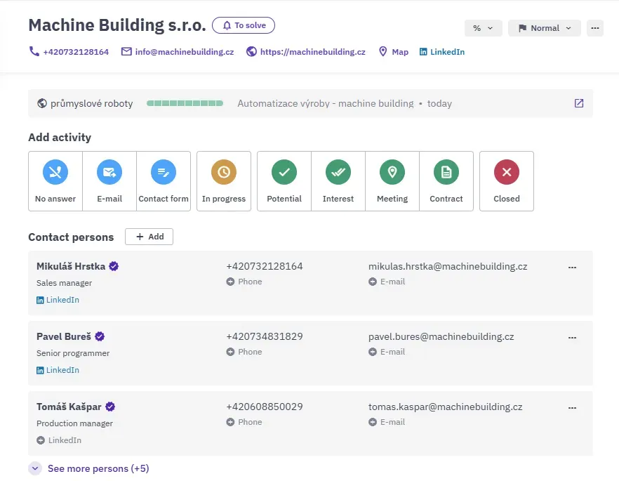 Szczegóły firmy Machine Building s.r.o. w aplikacji Intedat z telefonem, adresem e-mail, stroną WWW i osobami kontaktowymi wraz z ich stanowiskami