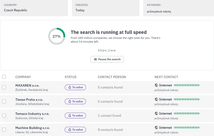 Trwające wyszukiwanie w Intedat Search na poziomie 27% dla słowa kluczowego „průmyslové roboty” w Czechach z listą firm pojawiających się na bieżąco