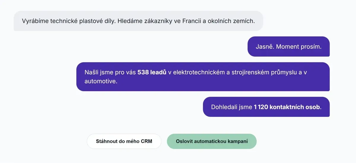 Przykład czatu Intedat Match: użytkownik podaje, że produkuje techniczne części z tworzyw sztucznych i szuka klientów we Francji, a narzędzie odpowiada znalezionymi 538 leadami i 1 120 osobami kontaktowymi