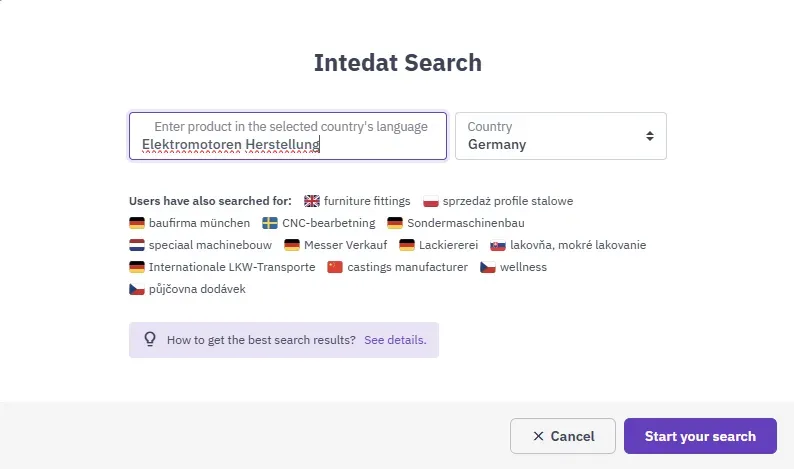 Intedat Search – entering the KW and the target country