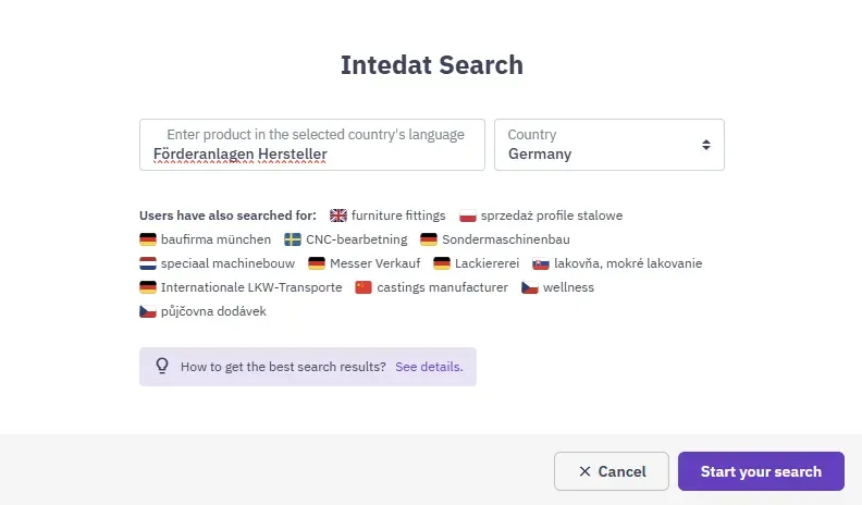 Intedat Search – zadání KW a cílové země