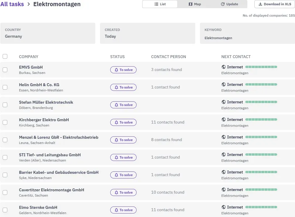 Liste der gefundenen deutschen Unternehmen zum Stichwort „Elektromontagen“ mit der Anzahl der gefundenen Ansprechpartner je Unternehmen