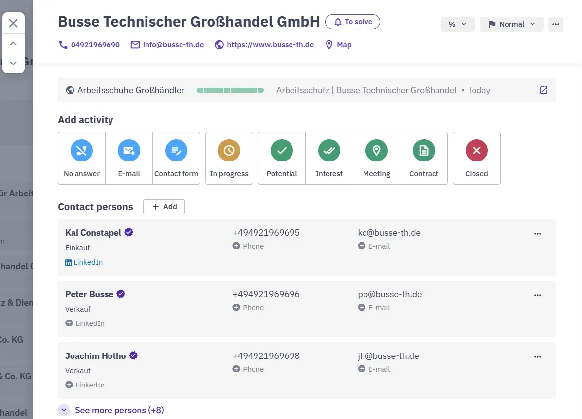 Firmendetail von Busse Technischer Großhandel GmbH in der Intedat-Anwendung mit Ansprechpartnern aus Einkauf und Verkauf