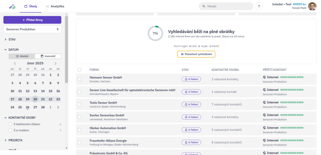 Vyhledávač firem Intedat Search – průběh vyhledávání